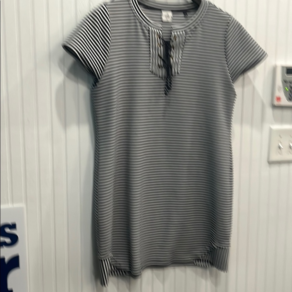 Cute navy/black striped dress with tie neckline